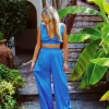 Hot Shot V-Neck Top Wide Leg Pant Set - Blue