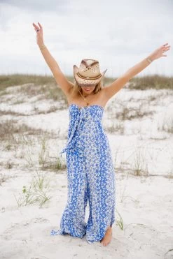 Violet Floral Jumpsuit - Blue Ivory -Fashion Finds Outlet TT 214