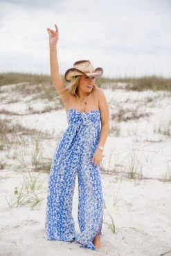 Violet Floral Jumpsuit - Blue Ivory -Fashion Finds Outlet TT 216