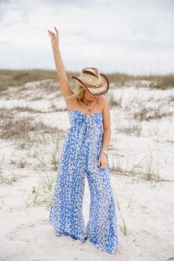 Violet Floral Jumpsuit - Blue Ivory -Fashion Finds Outlet TT 217