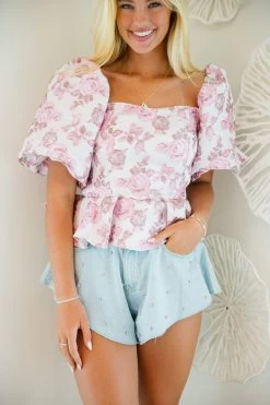 Roses Puff Sleeve Peplum Top - Pink 5 Roses Puff Sleeve Peplum Top - Pink -Fashion Finds Outlet TT 381