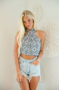 Jamaica Me Crazy Cross Neck Top - Ecru/Black