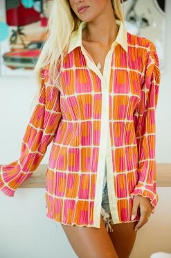 Squared Retro Neck Button Up - Pink/Orange 8 Squared Retro Neck Button Up - Pink/Orange -Fashion Finds Outlet TT 437