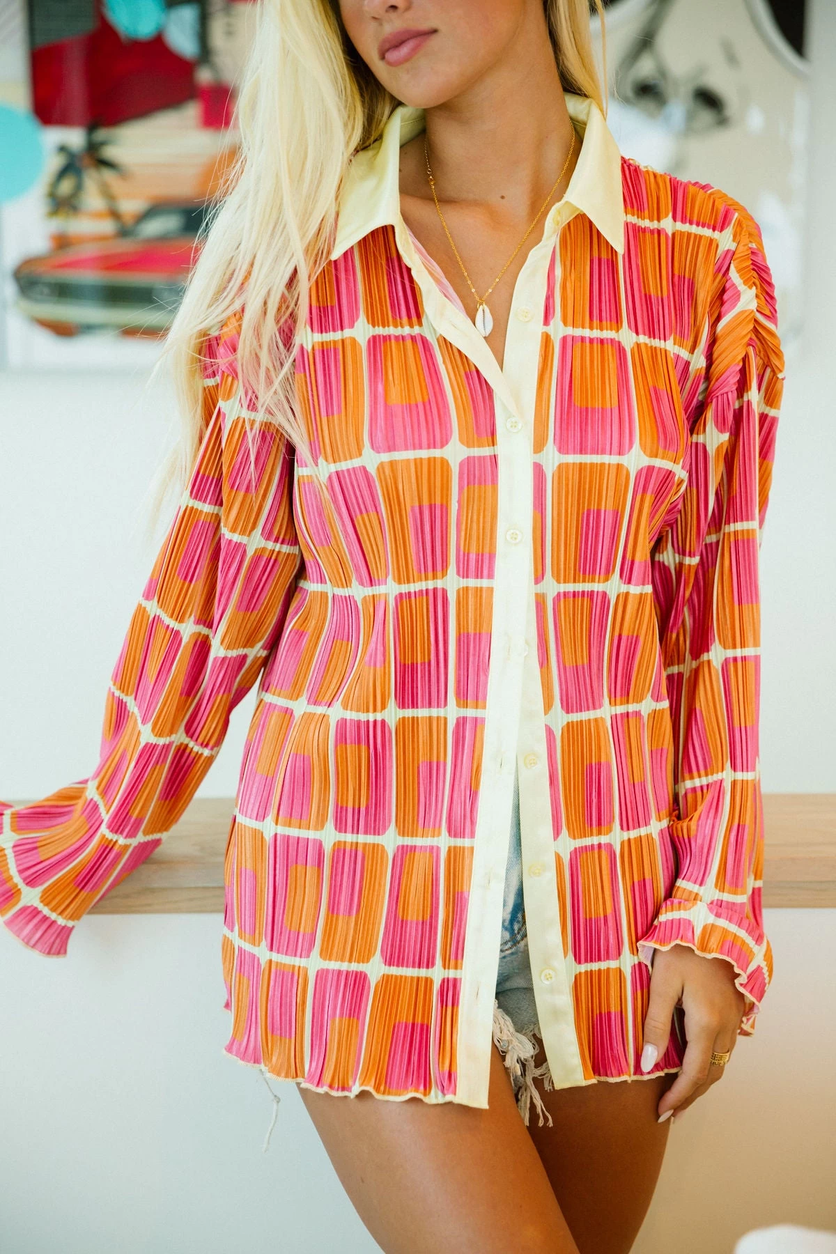 Squared Retro Neck Button Up - Pink/Orange 4 Squared Retro Neck Button Up - Pink/Orange - Image 4