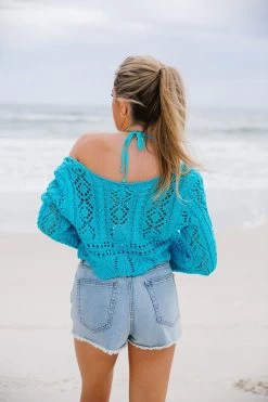 Brooklyn Crochet Tie Front Top - Turquoise -Fashion Finds Outlet TT 600