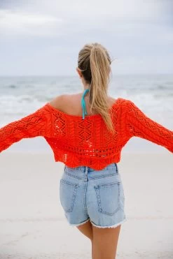 Brooklyn Crochet Tie Front Top - Tomato Red -Fashion Finds Outlet TT 612