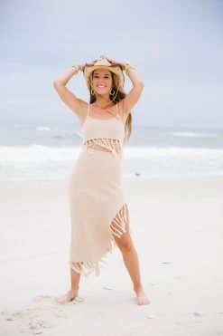 Hot Tropics Tassel Midi Skirt And Crop Top Set - Natural