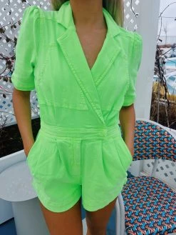 Puff Sleeve Romper - Shocking Lime