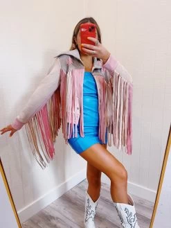 Fashion Finds Outlet 19 Cowgirl Up Fringe Jacket - Pink Multi