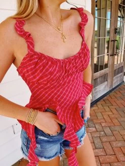 Plaid Wavy Strap Top - Fuchsia
