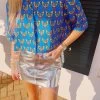 Tropical Birds Cropped Button Down Shirt - Blue