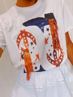 QUEEN OF SPARKLES - Orange/Blue Sequin Boot Tee